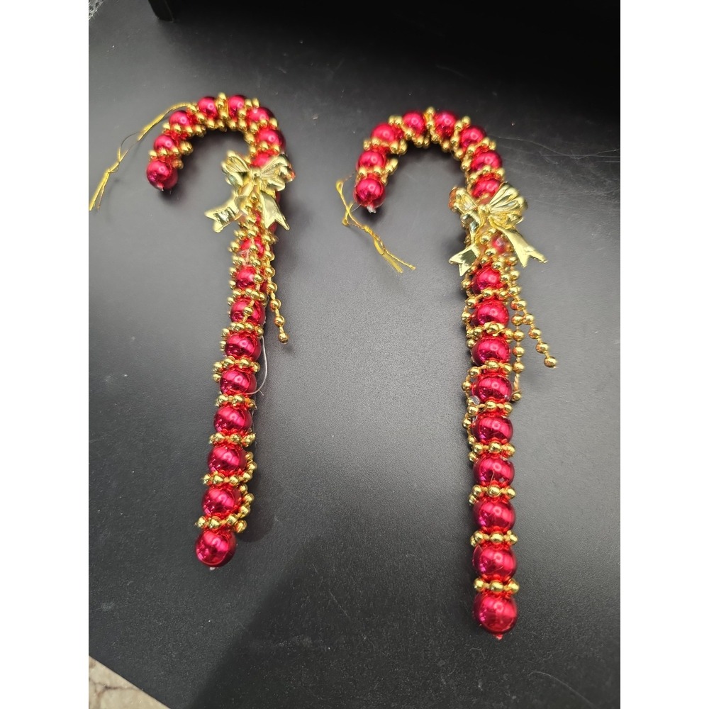Vintage Pink Beaded Bow Candy Cane Christmas Ornament Set Of 2